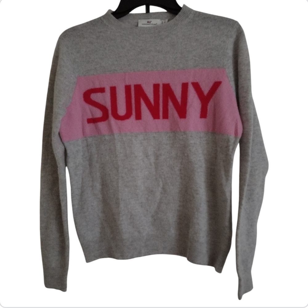 Vineyard Vines Sunny Wool Cashmere blend light grey pink red sweater size XS